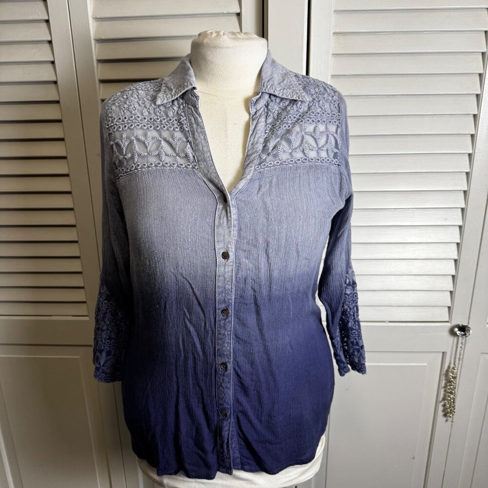 VINTAGE STUDIO WEST APPAREL WOMENS BLUE OMBRE LACE BUTTON UP COLLARED BLOUSE
